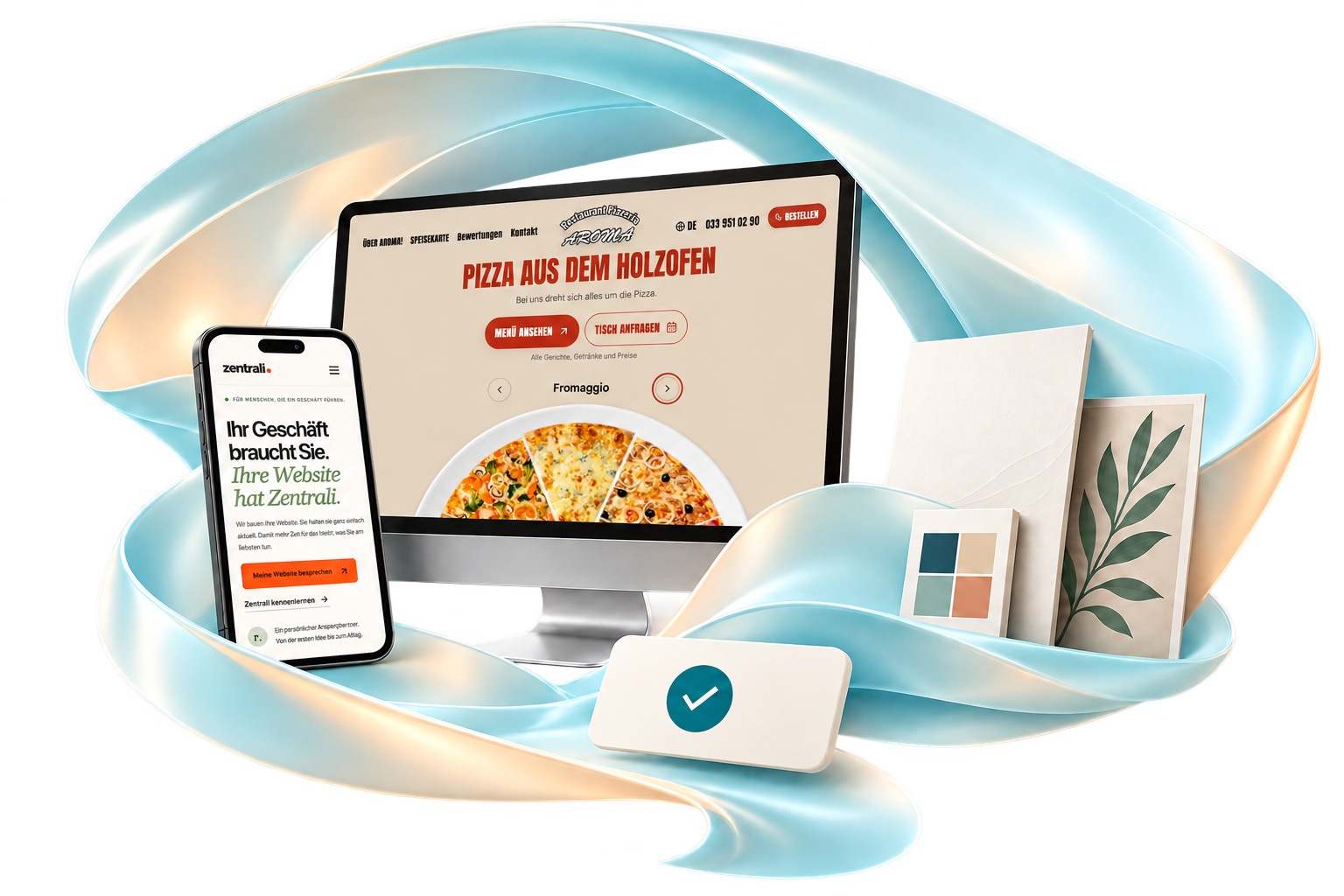 Visualisierung von Aroma Pizzeria auf dem Monitor und Zentrali auf dem Smartphone.