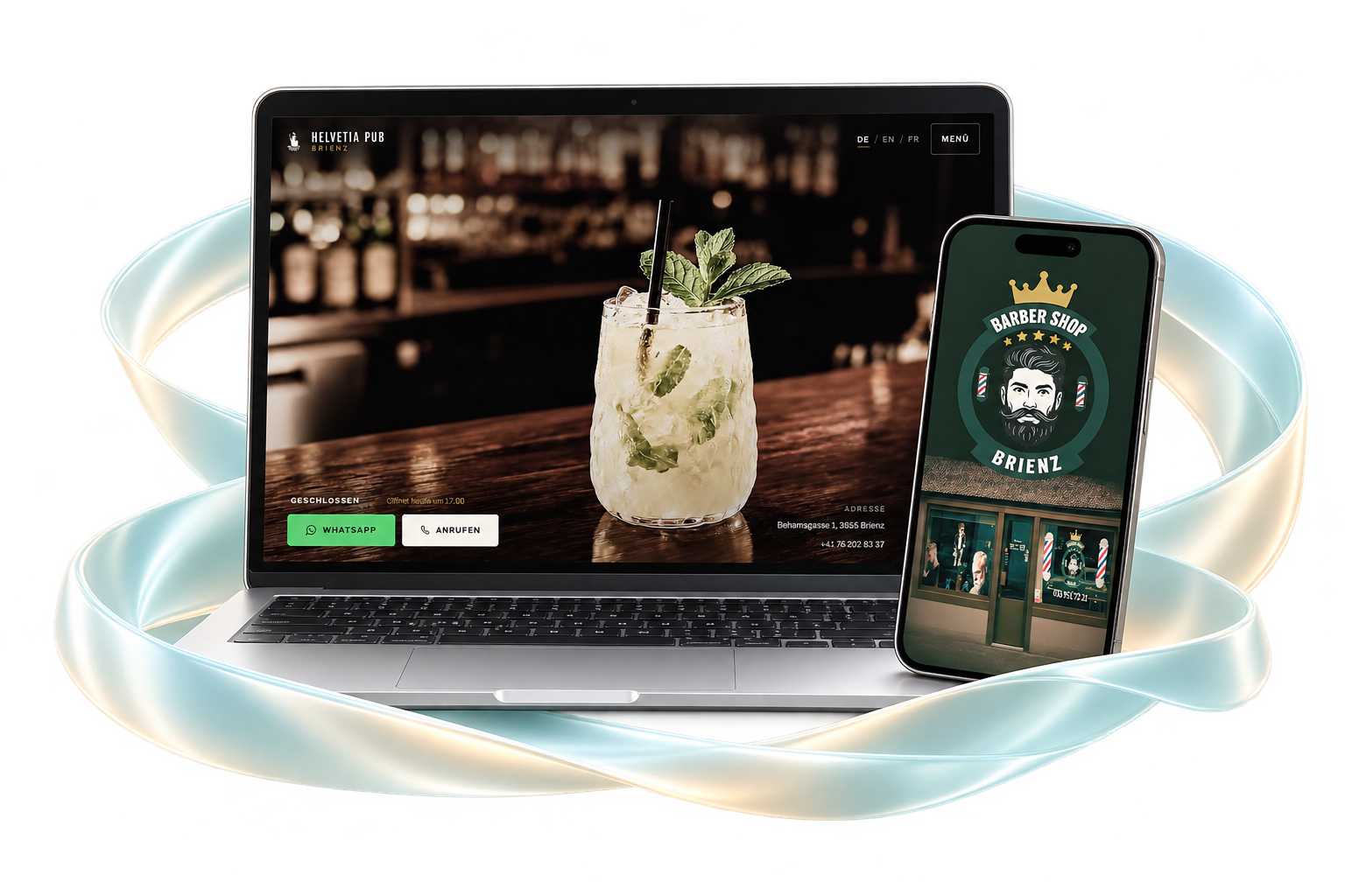Helvetia Pub auf dem Laptop und eine Markenvisualisierung von Barbershop Brienz auf dem Smartphone.